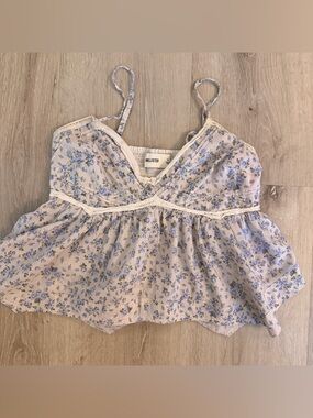 Hollister Cream Cami with Blue Floral Print and Lace Trim